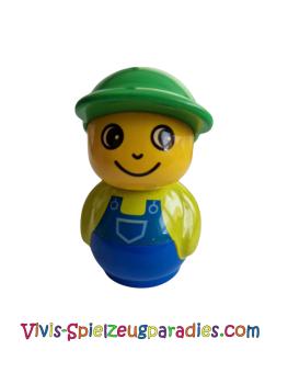 Lego Duplo Primo Figur Junge mit blauem Sockel, Limetten-Top mit blauem Overall, grüner Hut (baby021)